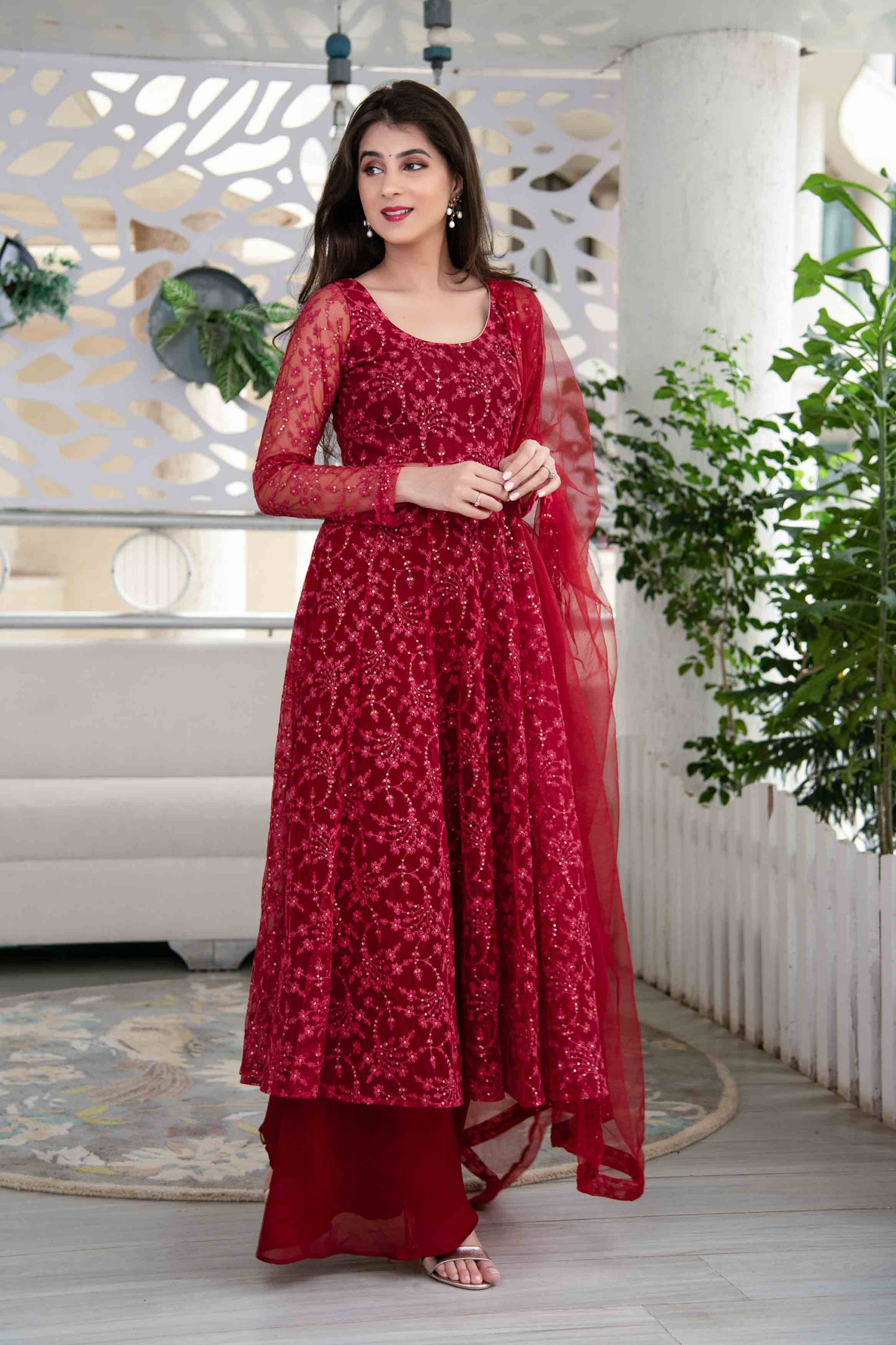 Women's Red Anarkali Suit Set With Palazzo With Net Dupatta - Label Shaurya Sanadhya