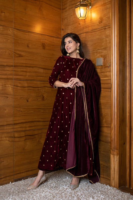 Women's Maroon Velevet A Line Kurta Set - Label Shaurya Sanadhya