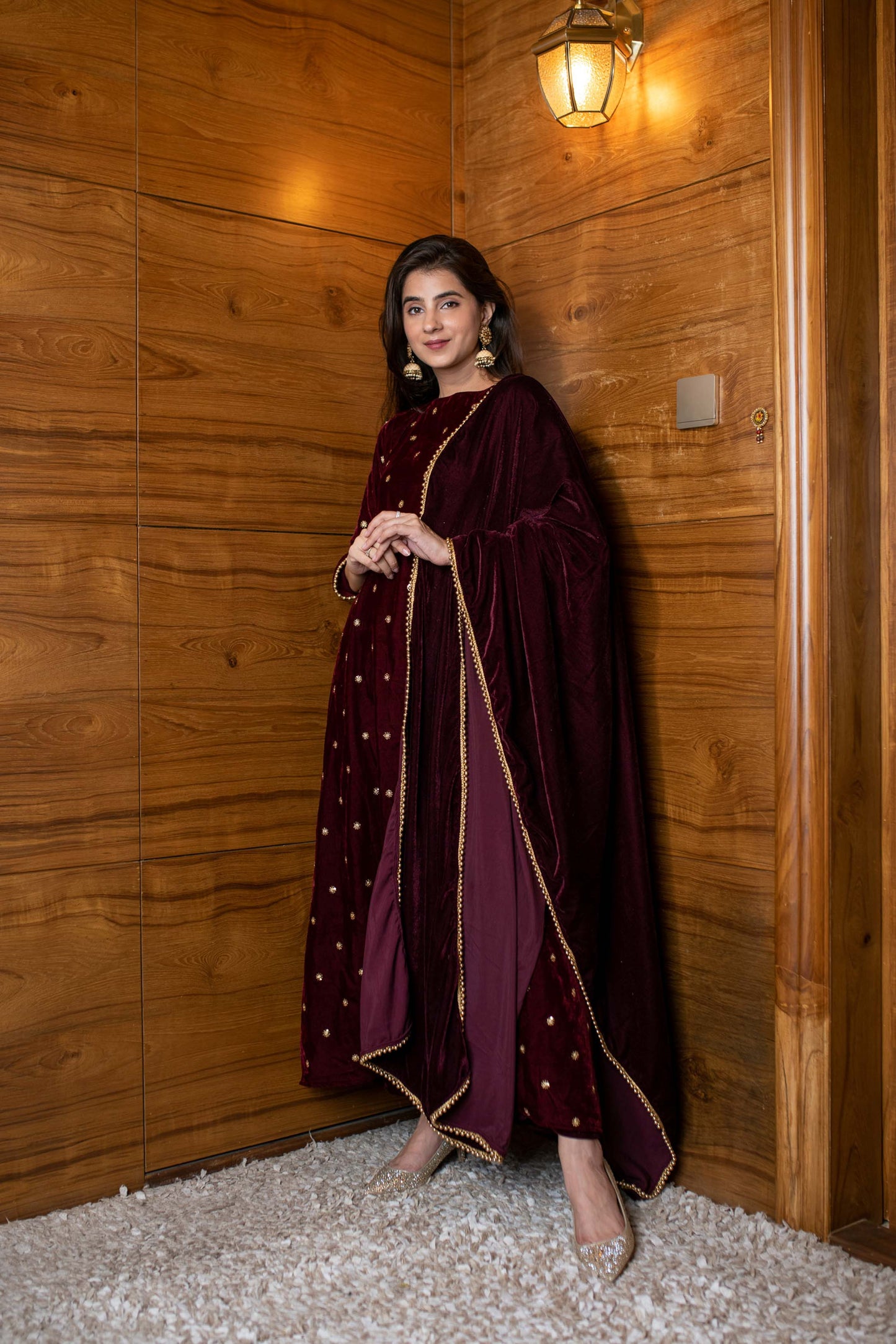 Women's Maroon Velevet A Line Kurta Set - Label Shaurya Sanadhya