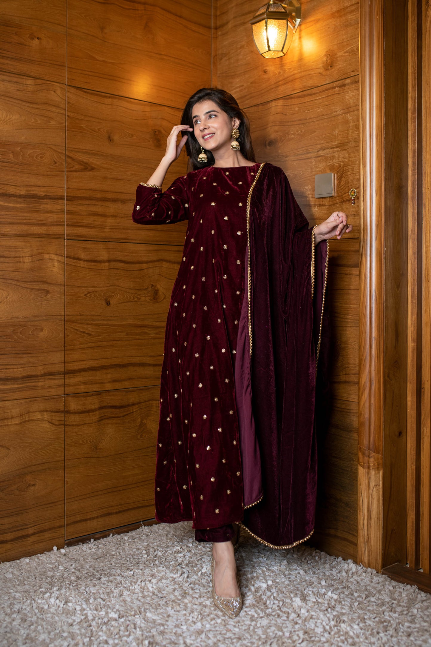 Women's Maroon Velevet A Line Kurta Set - Label Shaurya Sanadhya