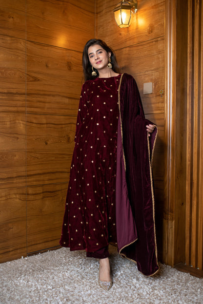 Women's Maroon Velevet A Line Kurta Set - Label Shaurya Sanadhya