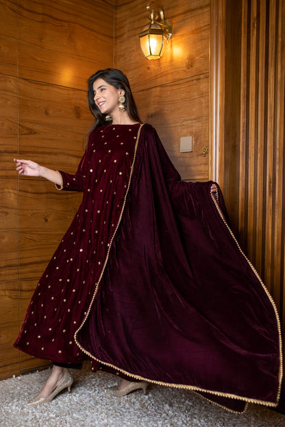 Women's Maroon Velevet A Line Kurta Set - Label Shaurya Sanadhya