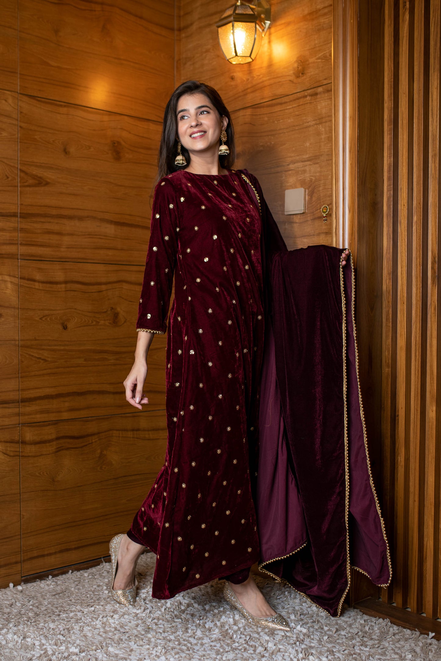 Women's Maroon Velevet A Line Kurta Set - Label Shaurya Sanadhya