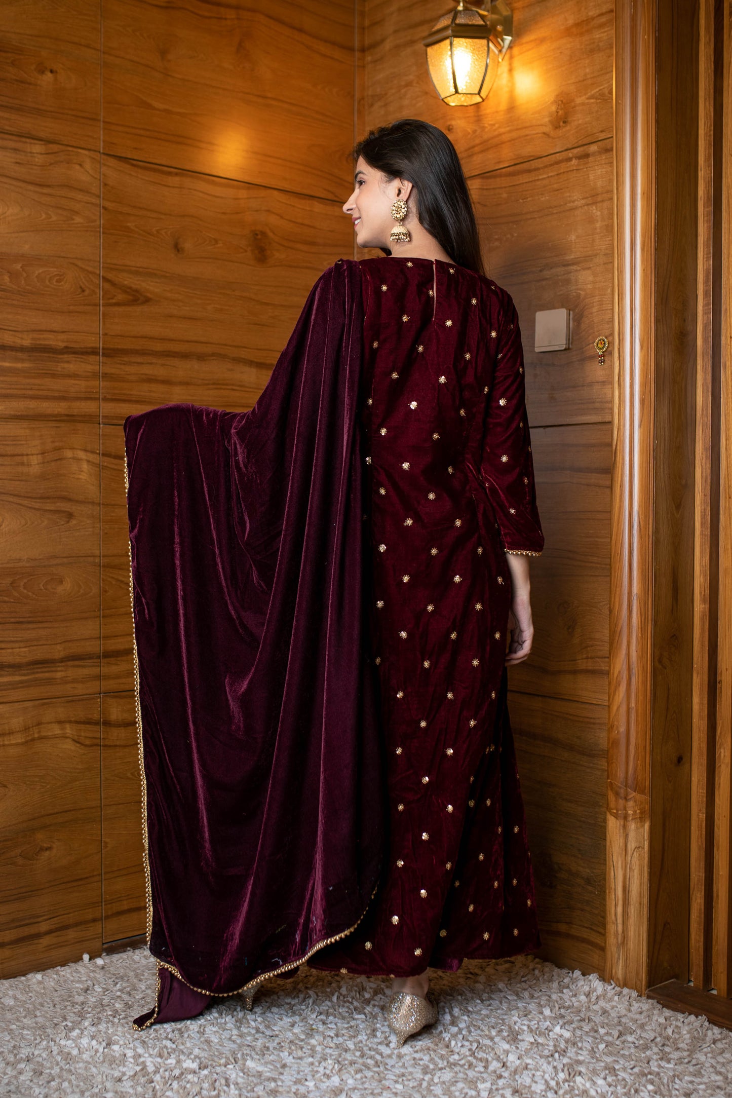 Women's Maroon Velevet A Line Kurta Set - Label Shaurya Sanadhya