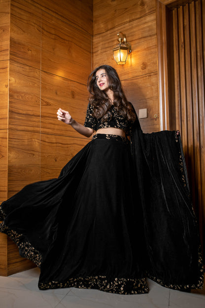 Women's Black Sequin and Zari Work Velvet Lehenga - Label Shaurya Sanadhya