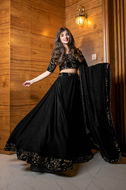 Women's Black Sequin and Zari Work Velvet Lehenga - Label Shaurya Sanadhya