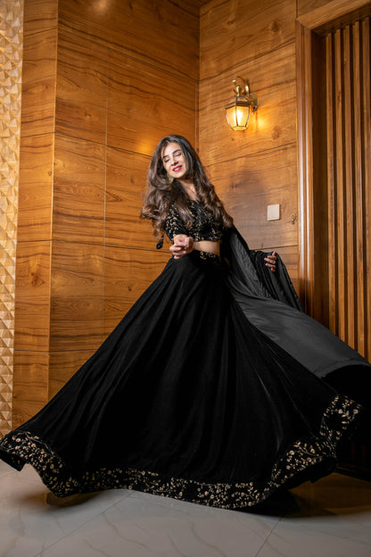 Women's Black Sequin and Zari Work Velvet Lehenga - Label Shaurya Sanadhya