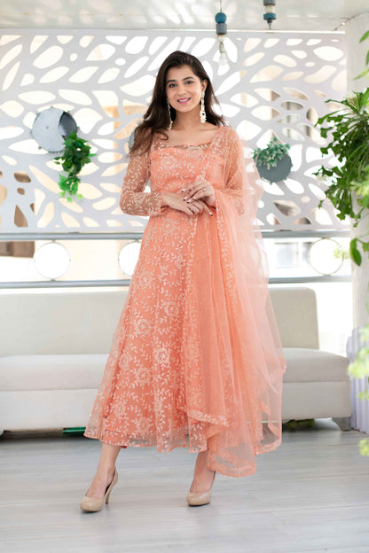 Women's Peach Heavy Thread Work Anarkali Suit Set With Net Dupatta (3 Pc Set) - Label Shaurya Sanadhya