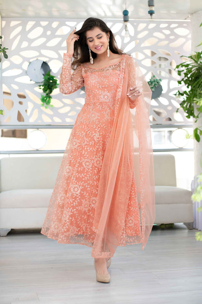 Women's Peach Heavy Thread Work Anarkali Suit Set With Net Dupatta (3 Pc Set) - Label Shaurya Sanadhya