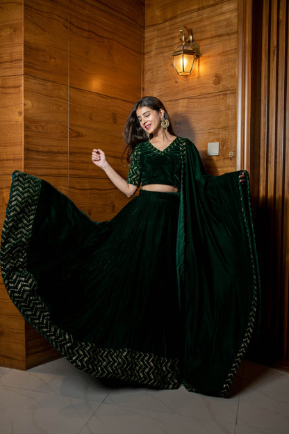 Women's Bottle Green Sequin And Zari Work Velvet Lehenga - Label Shaurya Sanadhya