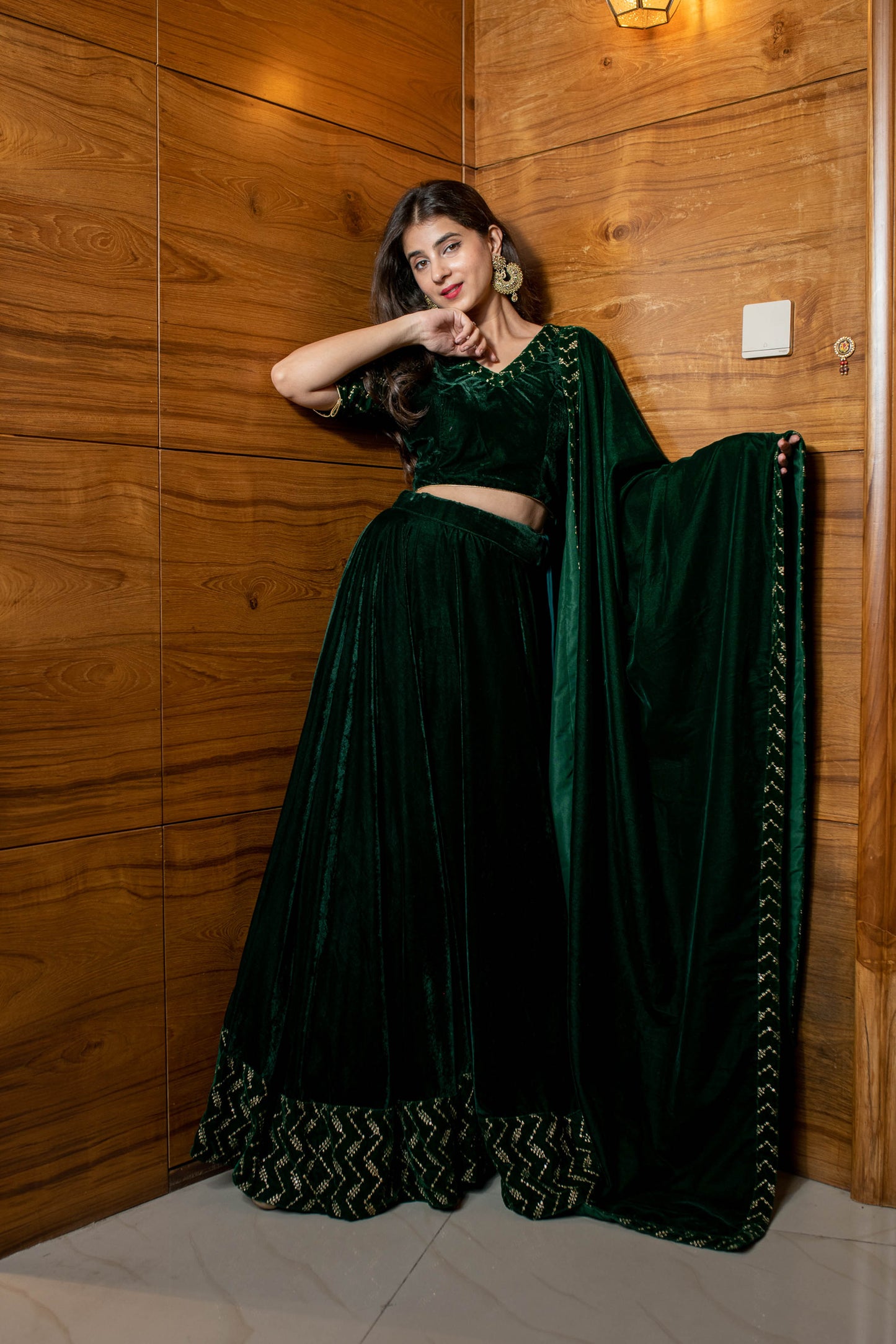 Women's Bottle Green Sequin And Zari Work Velvet Lehenga - Label Shaurya Sanadhya