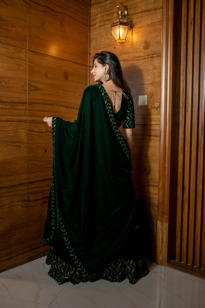 Women's Bottle Green Sequin And Zari Work Velvet Lehenga - Label Shaurya Sanadhya