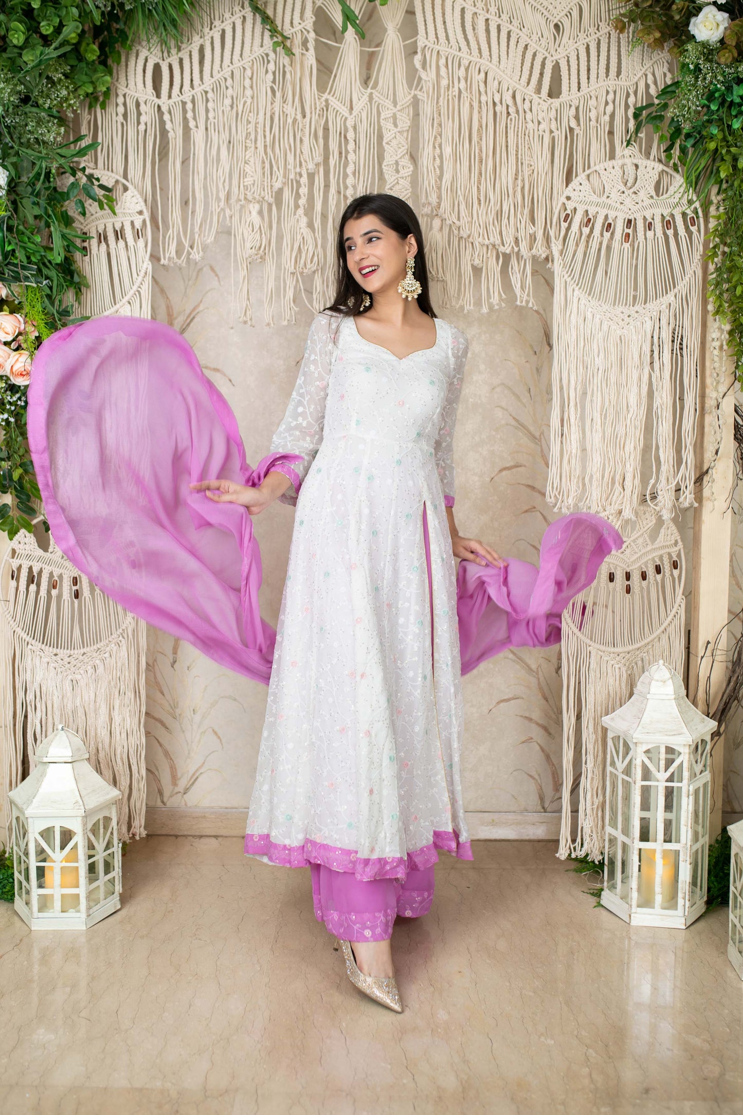 Women's White And Lavender (3pcs set) - Anarkali Label Shaurya Sanadhya