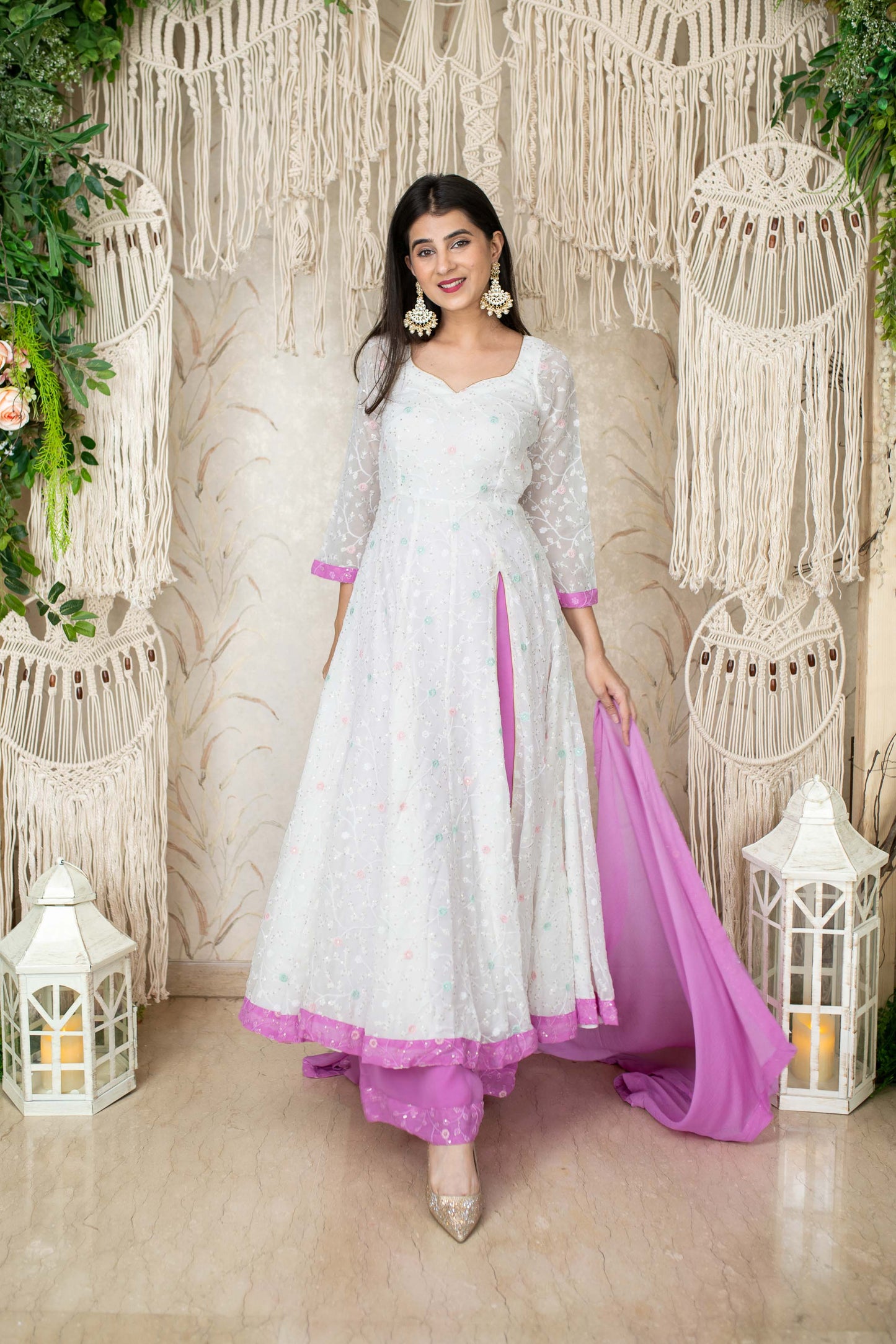 Women's White And Lavender (3pcs set) - Anarkali Label Shaurya Sanadhya