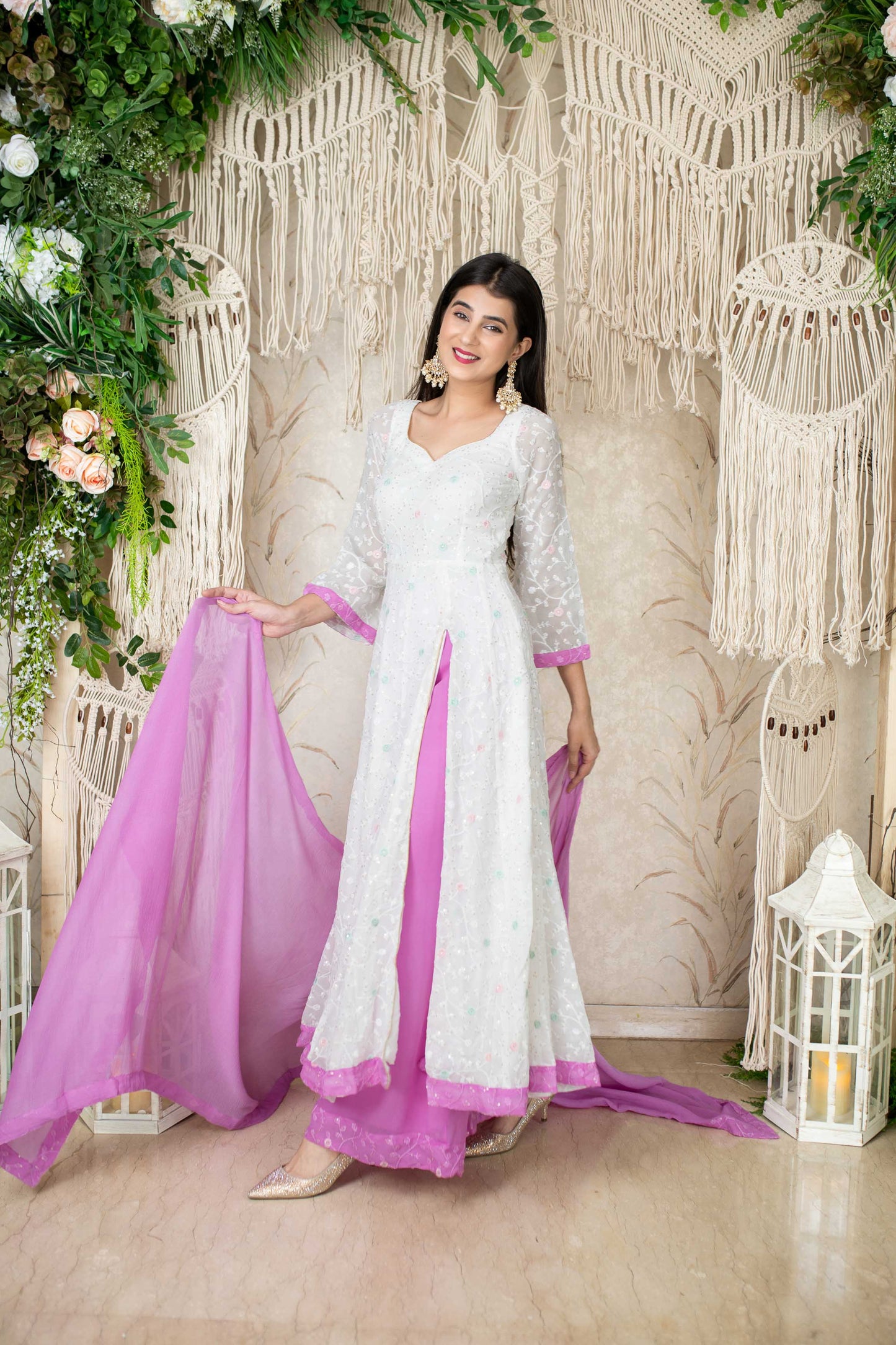 Women's White And Lavender (3pcs set) - Anarkali Label Shaurya Sanadhya