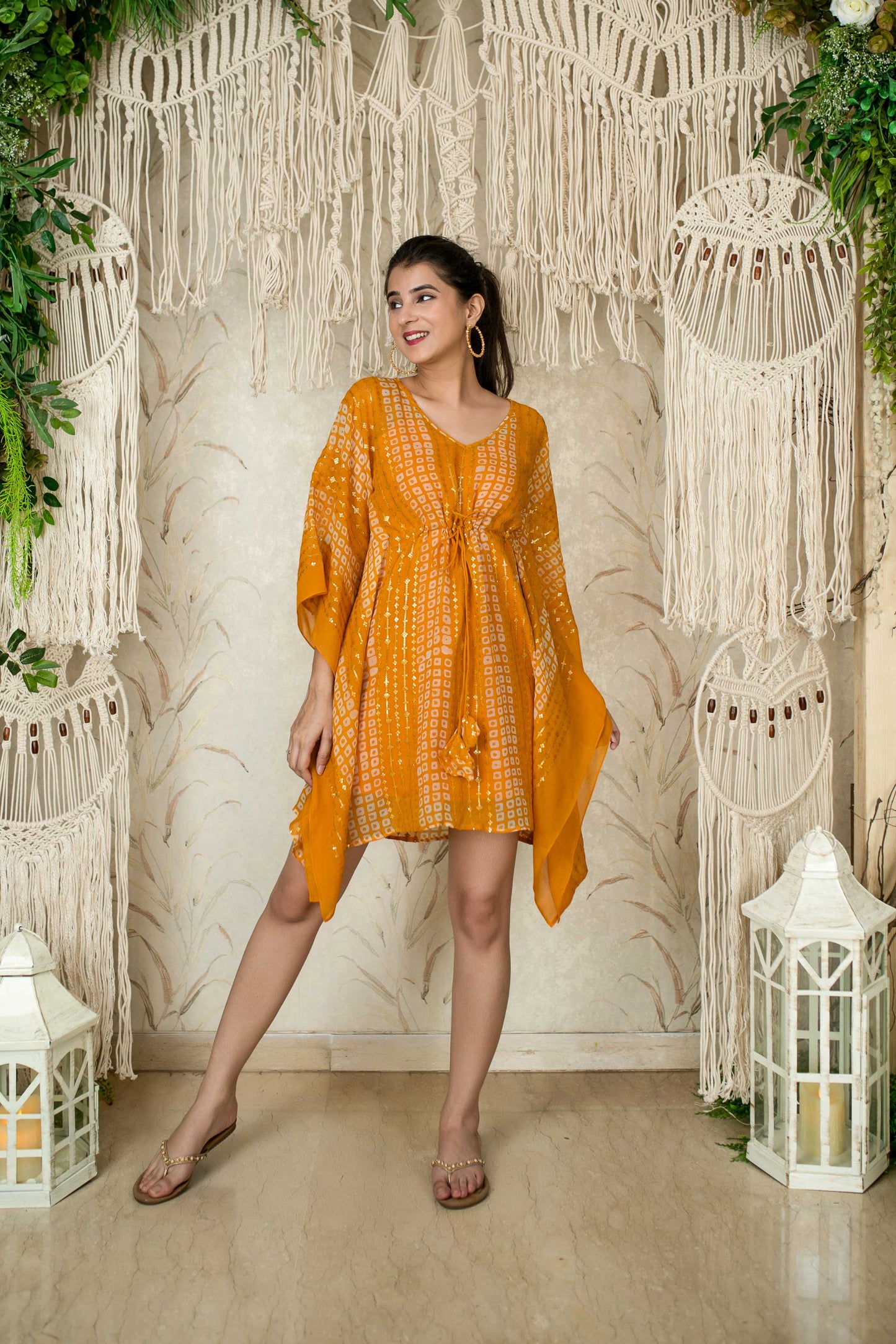 Women's Mustard Thread Work And Sequin Kaftan (1pc) - Label Shaurya Sanadhya