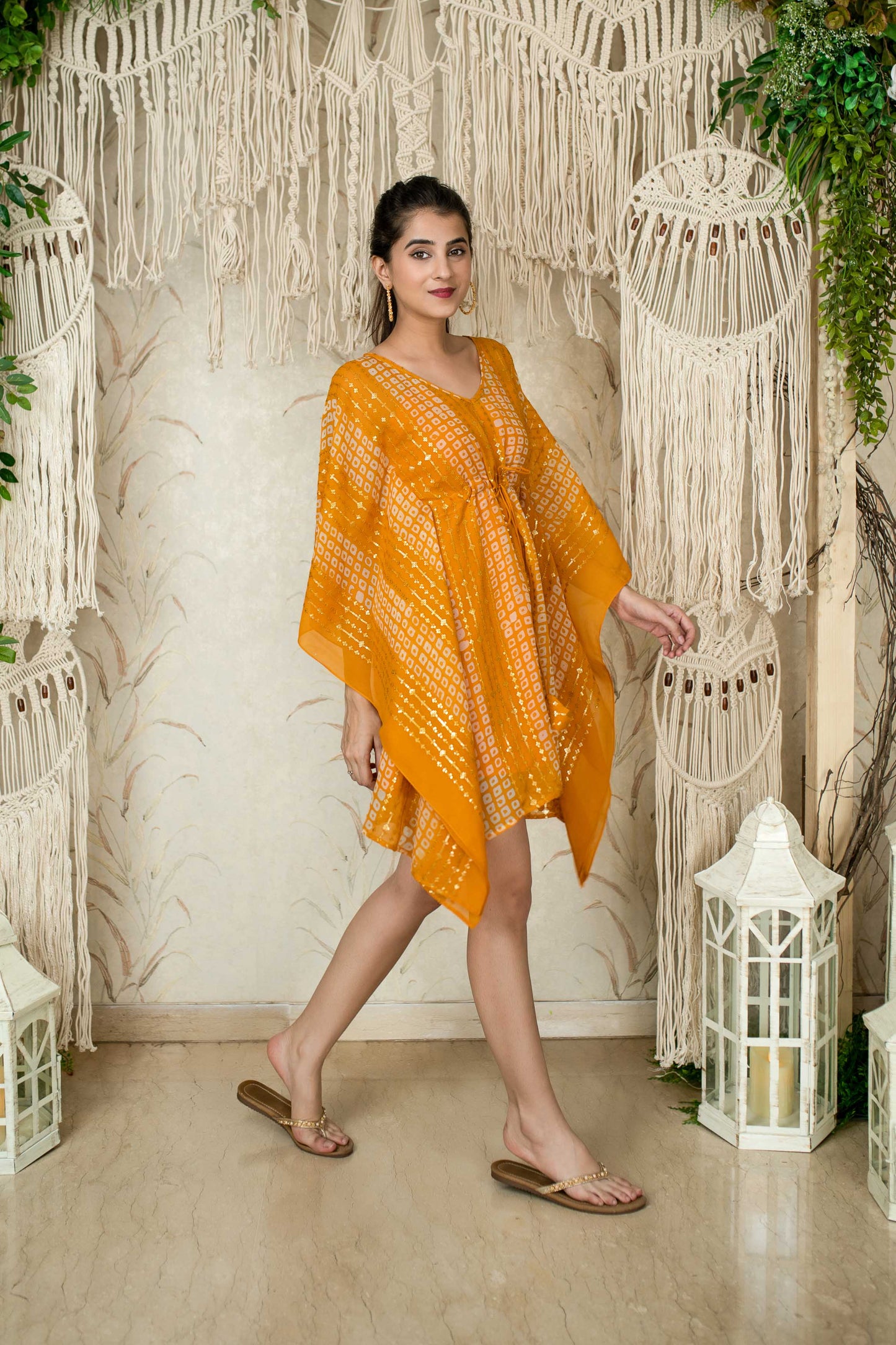 Women's Mustard Thread Work And Sequin Kaftan (1pc) - Label Shaurya Sanadhya