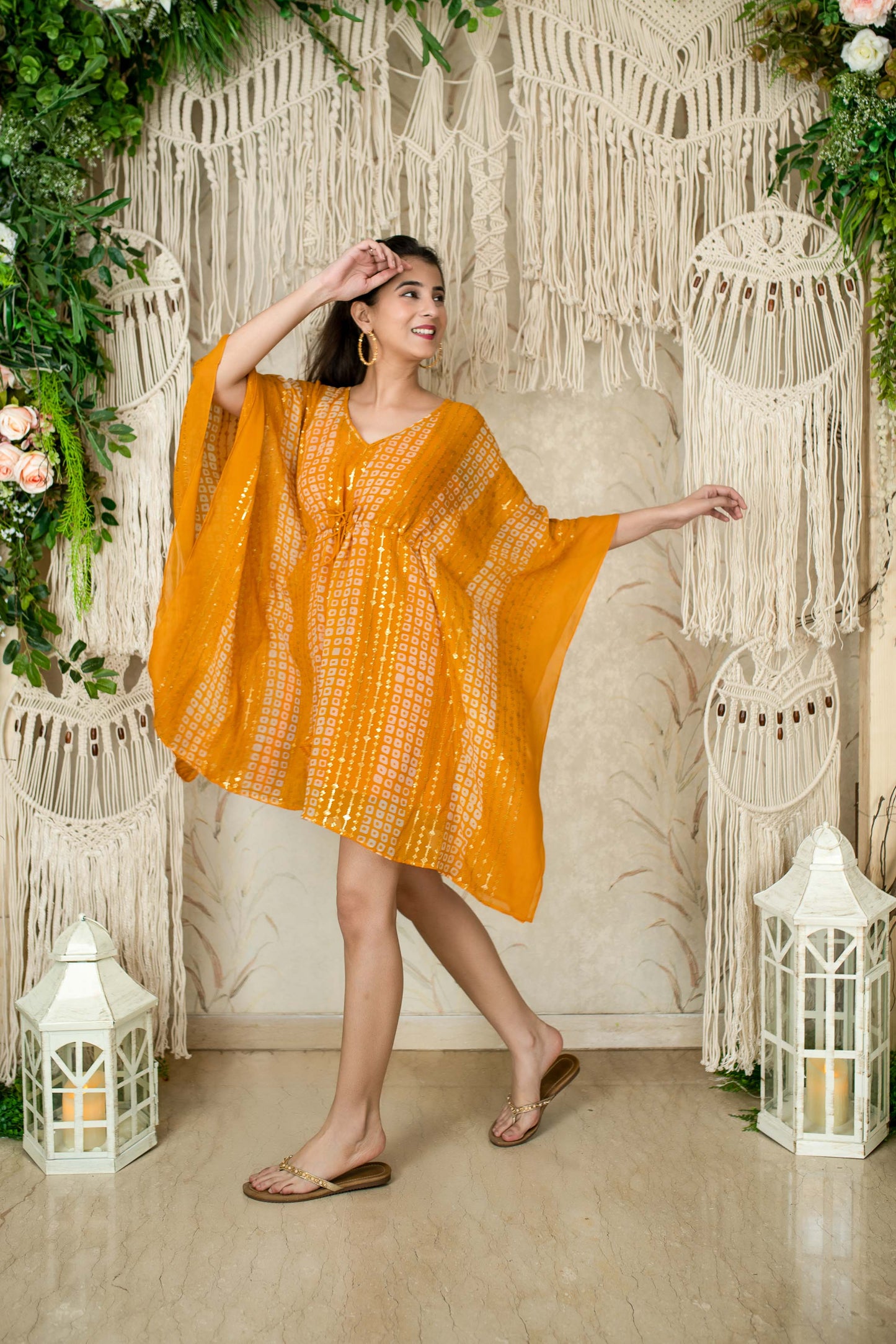 Women's Mustard Thread Work And Sequin Kaftan (1pc) - Label Shaurya Sanadhya