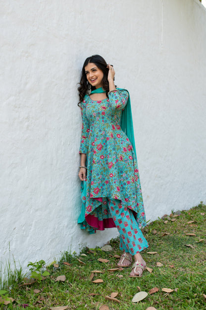 Sea Green Floral Cotton Kurta Set