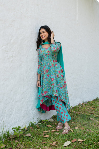 Sea Green Floral Cotton Kurta Set