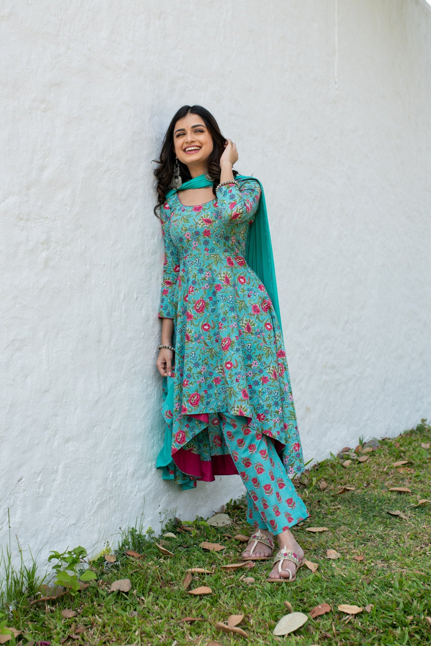 Sea Green Floral Cotton Kurta Set