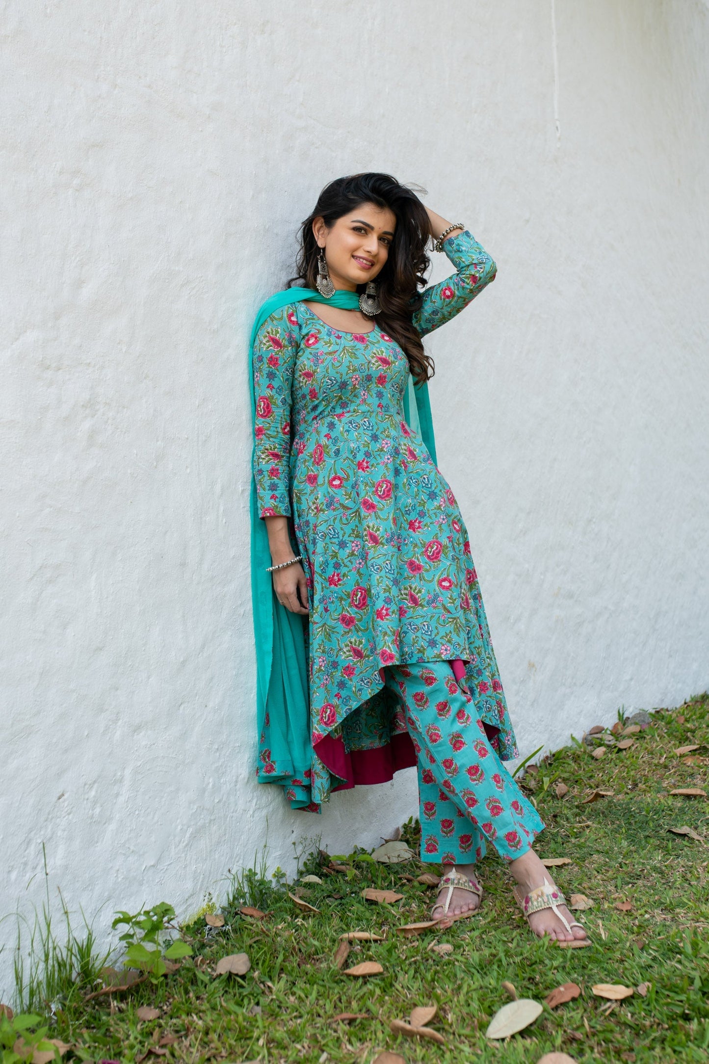 Sea Green Floral Cotton Kurta Set