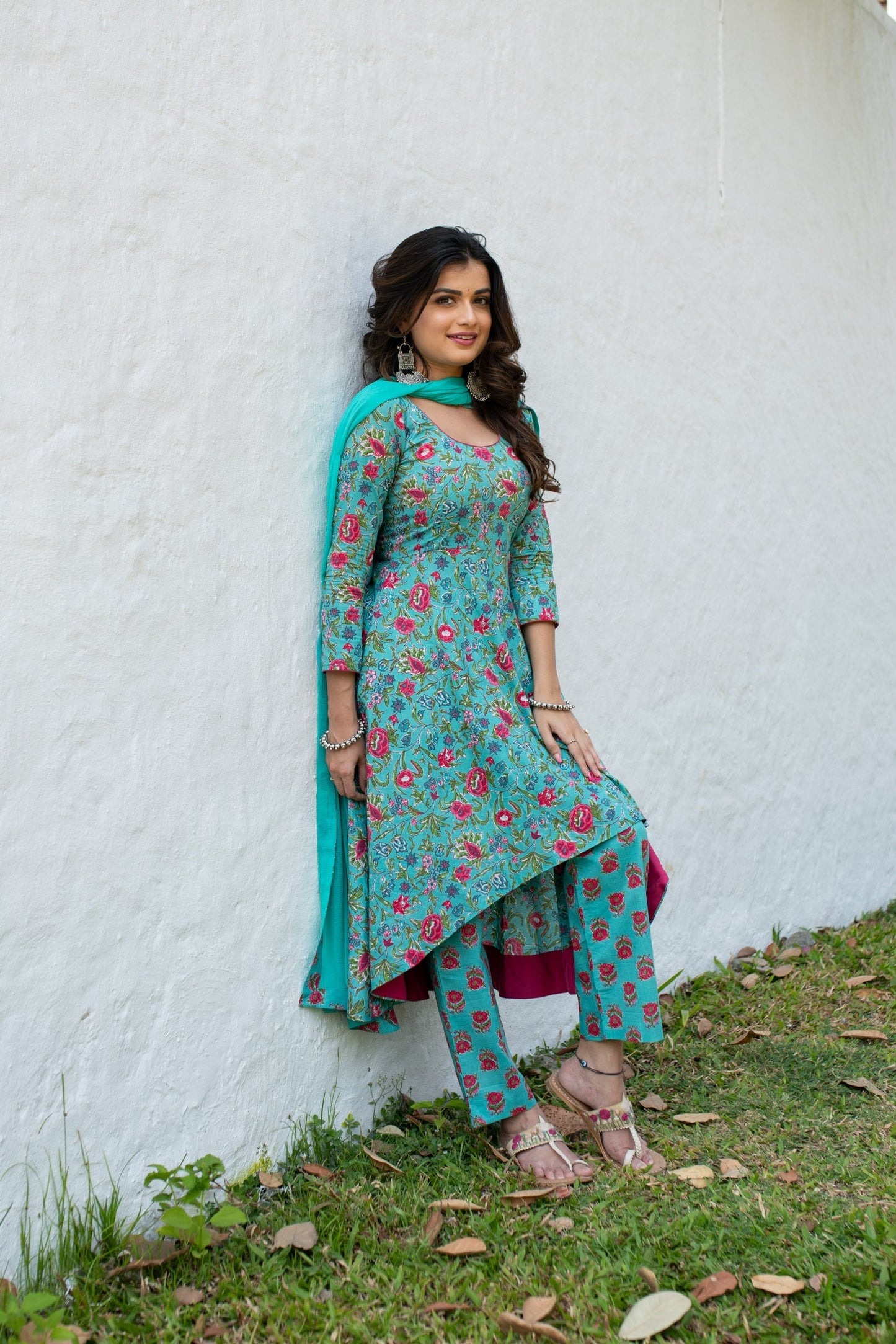 Sea Green Floral Cotton Kurta Set