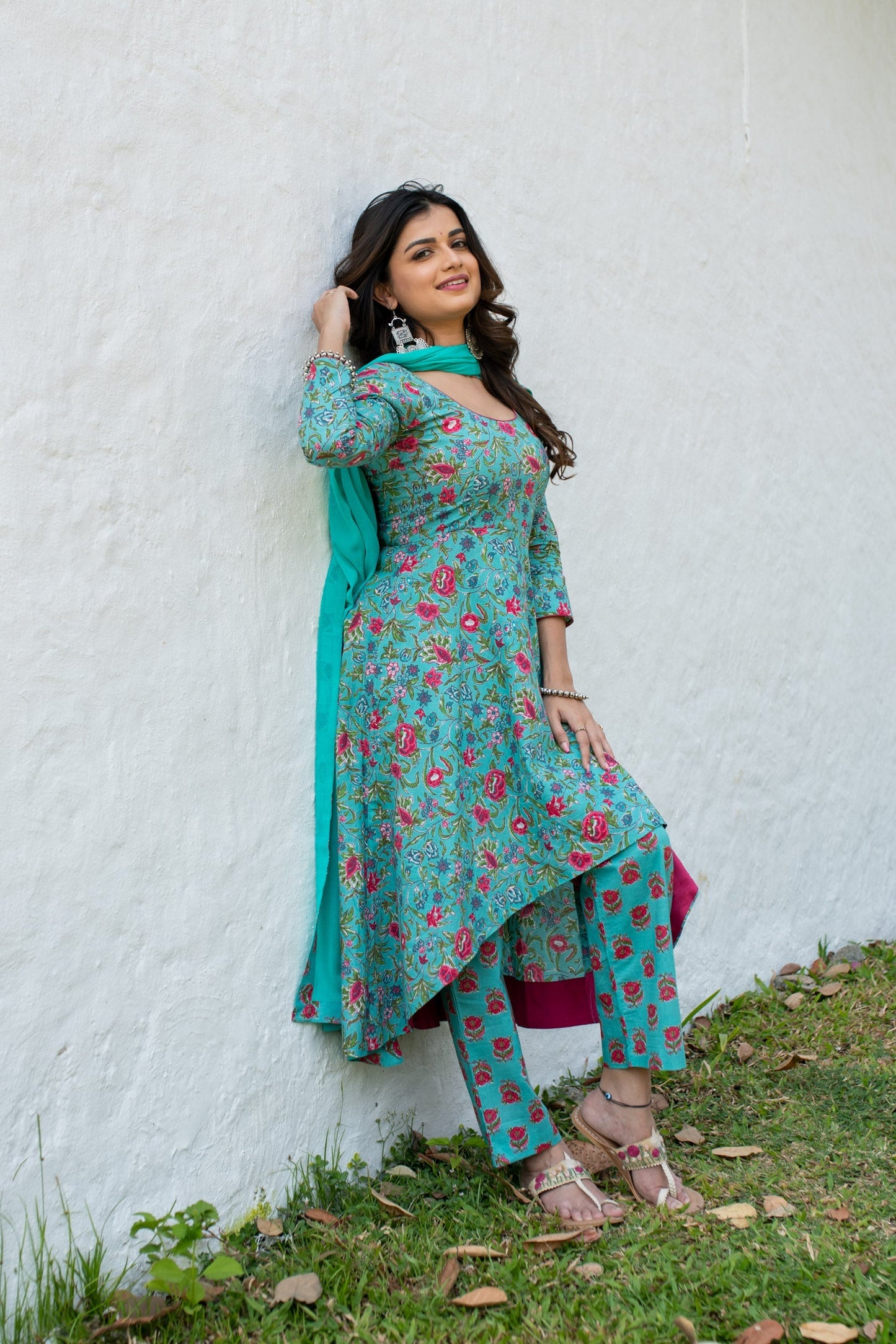 Sea Green Floral Cotton Kurta Set