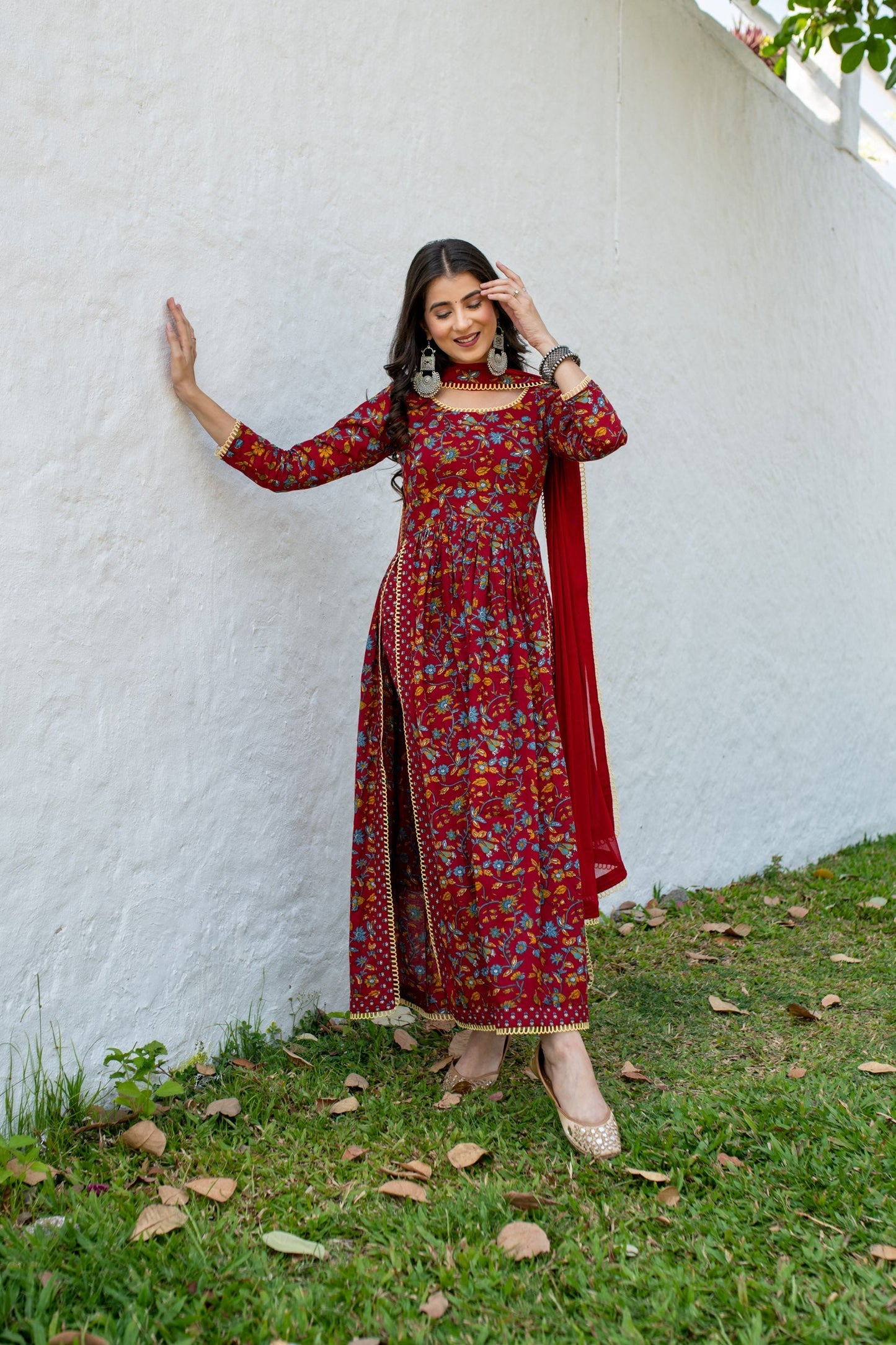 Red Floral Cotton Kurta Set