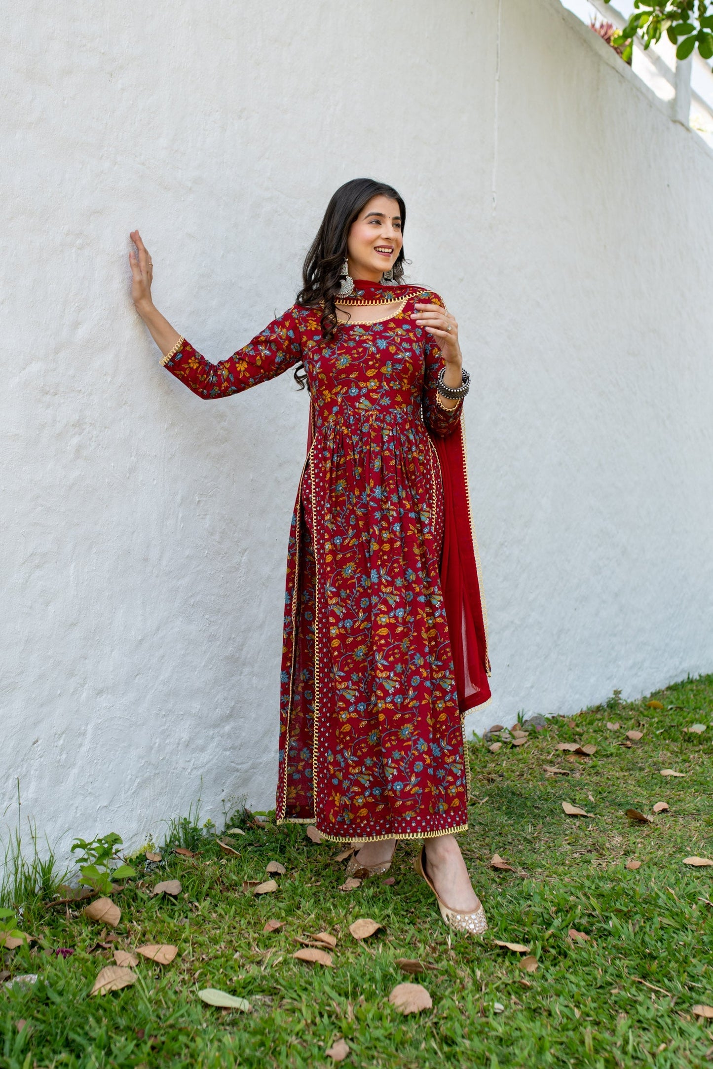 Red Floral Cotton Kurta Set