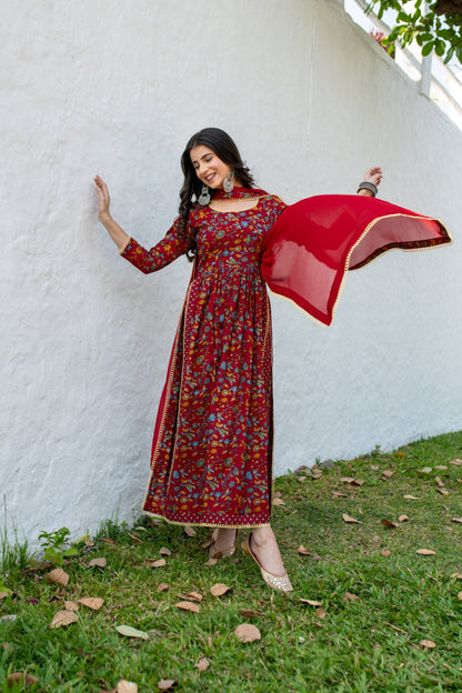 Red Floral Cotton Kurta Set