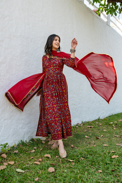 Red Floral Cotton Kurta Set