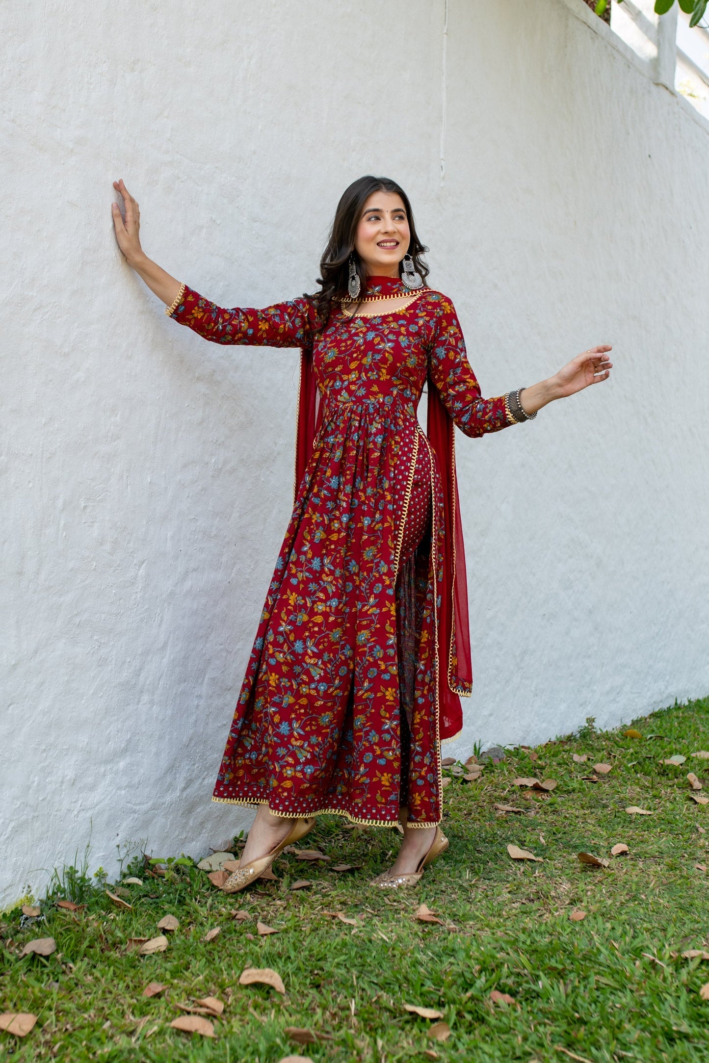 Red Floral Cotton Kurta Set