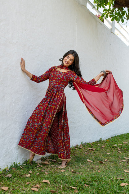 Red Floral Cotton Kurta Set