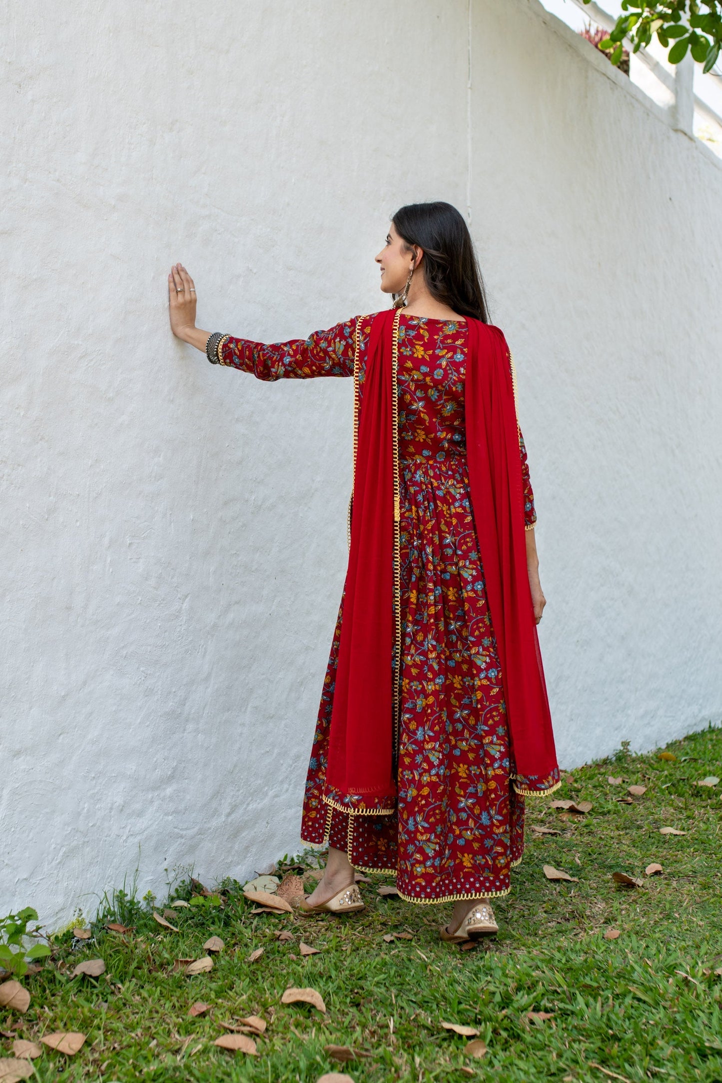 Red Floral Cotton Kurta Set