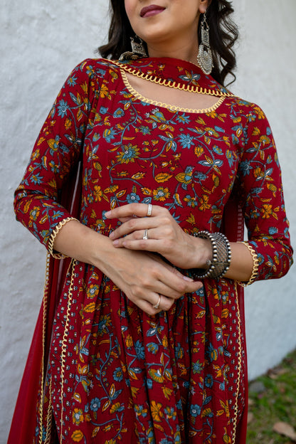 Red Floral Cotton Kurta Set