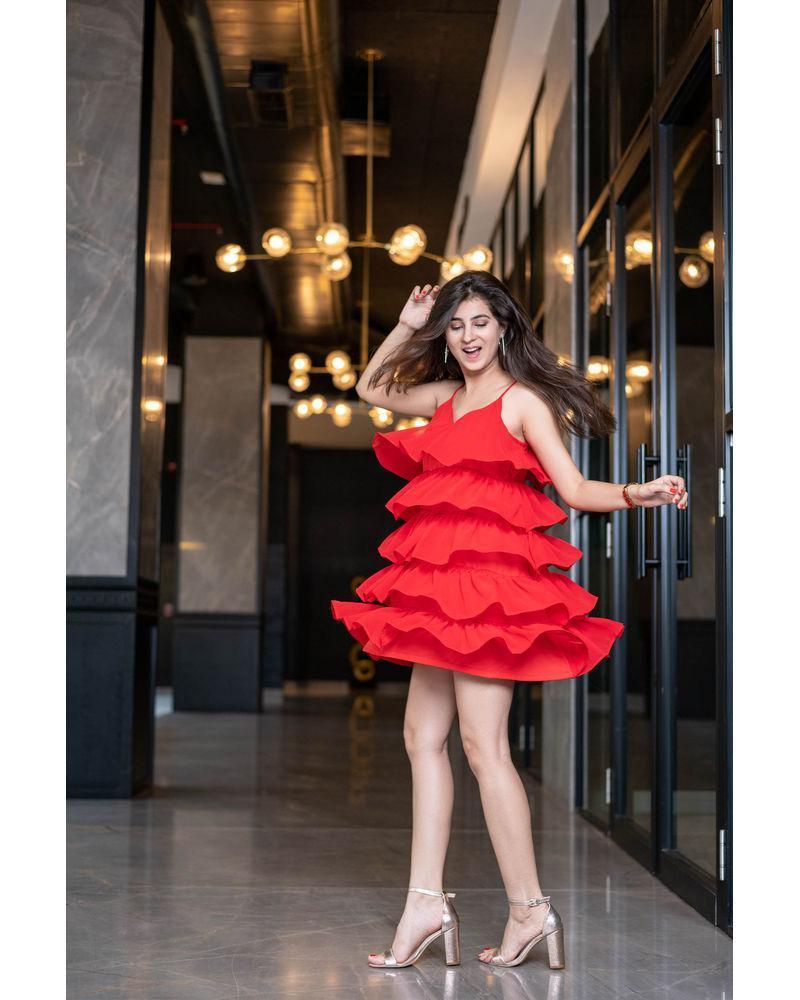 Women's Red Ruffle Short Dress by Label Shaurya Sanadhya