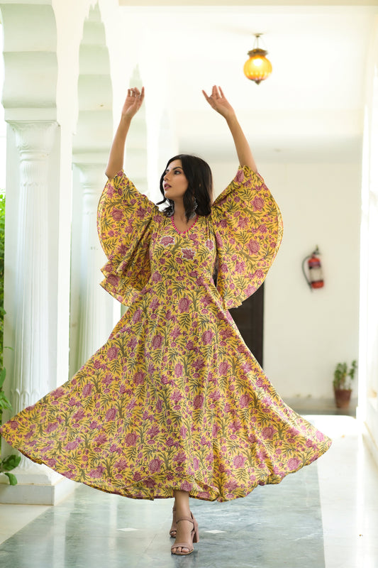 Women's Yellow Blush Printed Cotton Dress With Adda Work