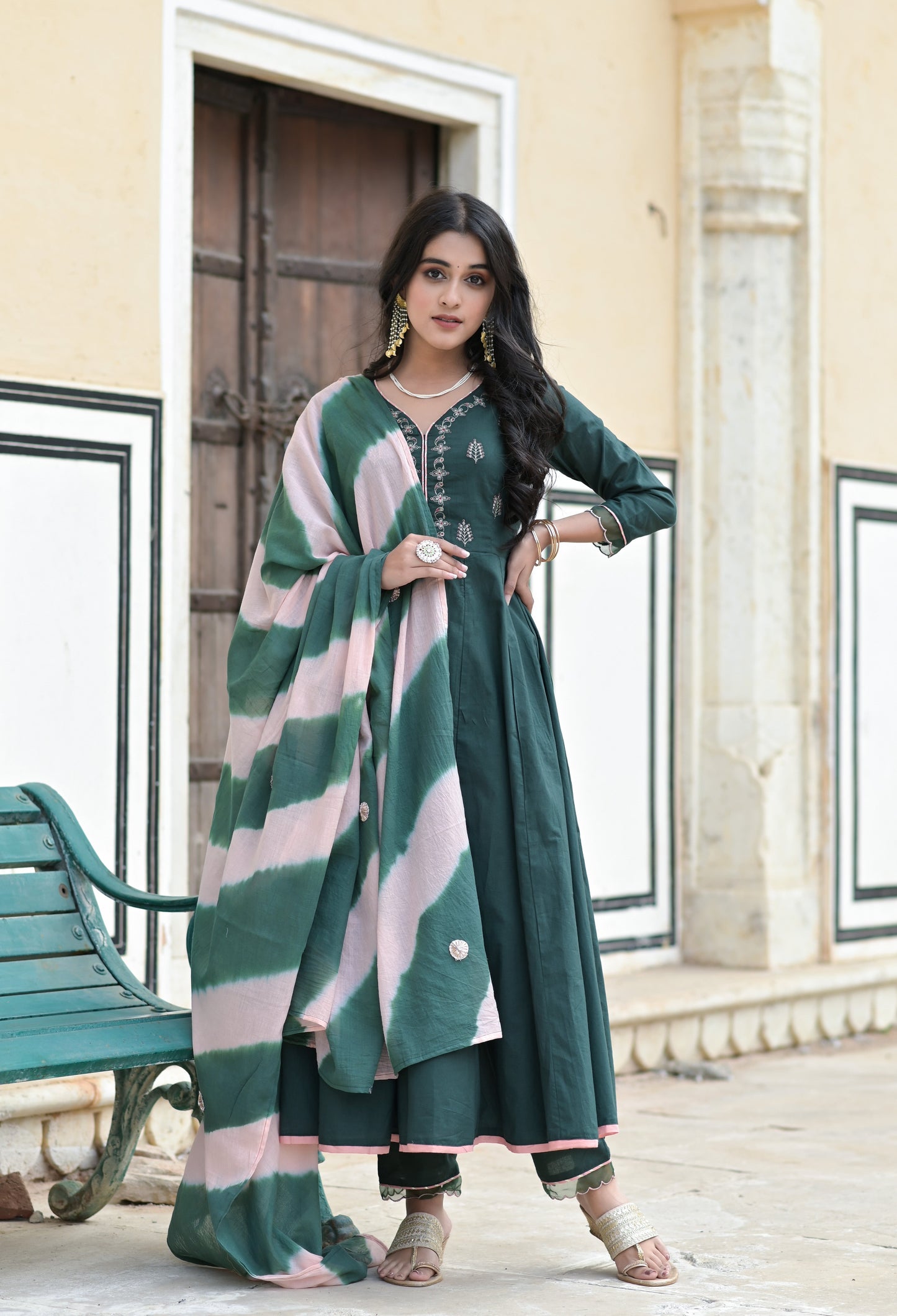 Women's Metisse Green Embroidery Kalidar Anarkali Set