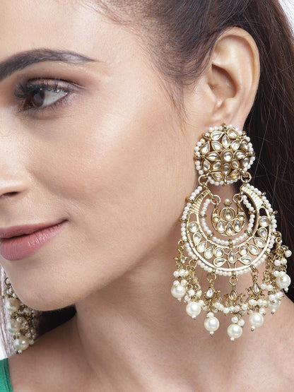 Women's Gold-Plated Stone Studded Chandbali With Pearl Drop