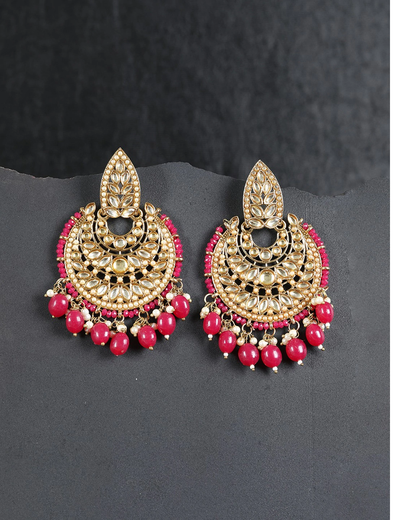 Women's Gold-Plated Stone Studded Chandbali With Mehroon Beads