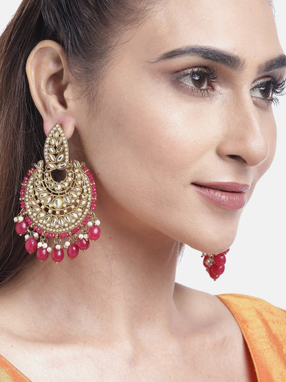 Women's Gold-Plated Stone Studded Chandbali With Mehroon Beads