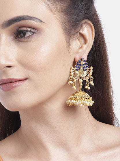 Women's Gold-Plated Peacock style Stone Studded Jhumka with Bead Drop