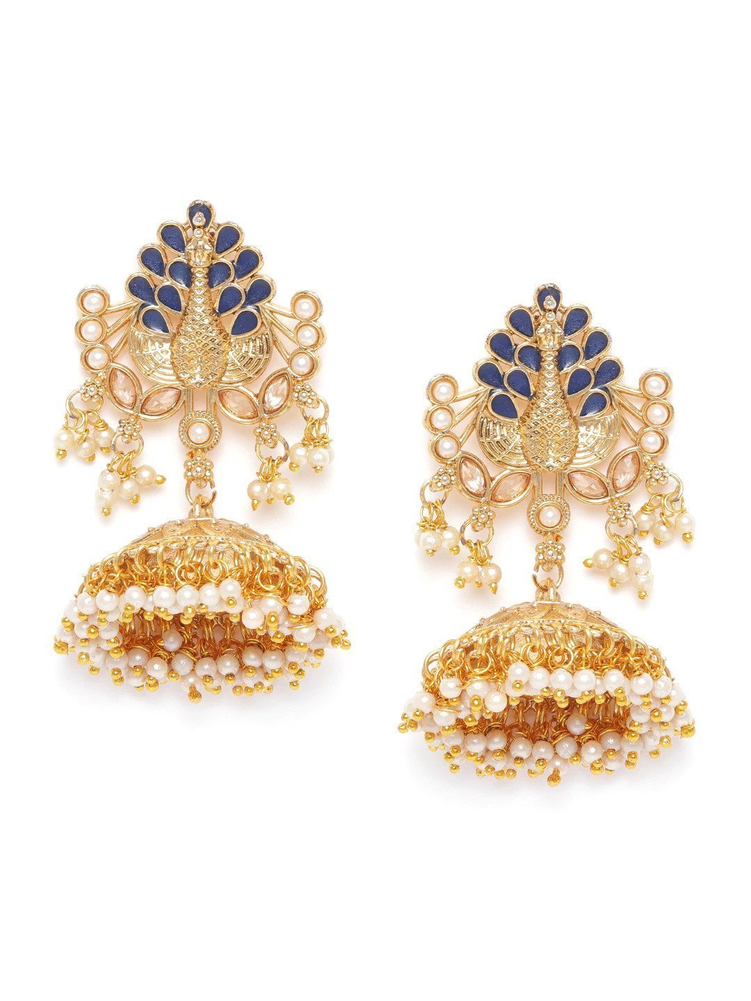 Women's Gold-Plated Peacock style Stone Studded Jhumka with Bead Drop