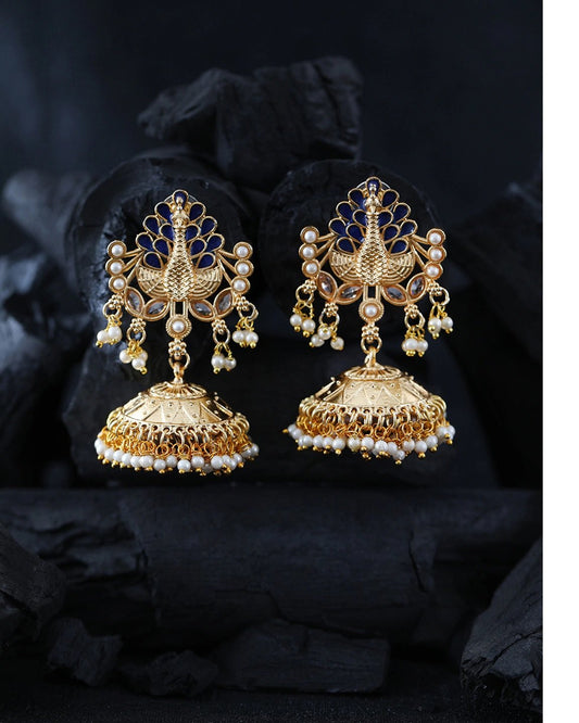 Women's Gold-Plated Peacock style Stone Studded Jhumka with Bead Drop