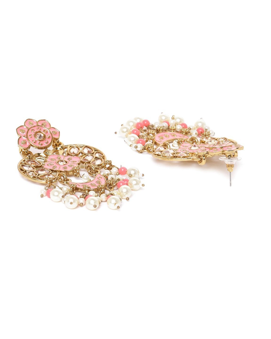 Women's Gold-Plated Stone Studded Drop Earrings with Pearl Drop in Peach Color