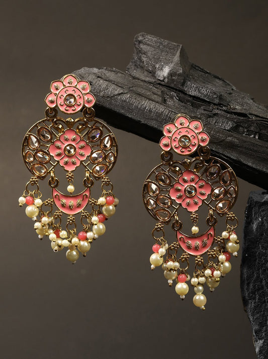 Women's Gold-Plated Stone Studded Drop Earrings with Pearl Drop in Peach Color