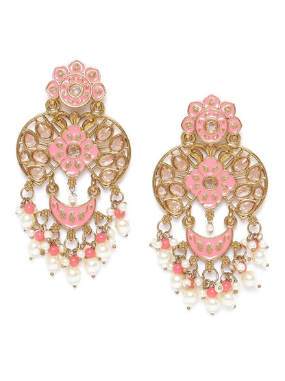 Women's Gold-Plated Stone Studded Drop Earrings with Pearl Drop in Peach Color