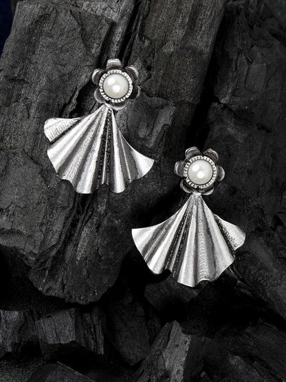 Women's Oxidised Silver-Plated Pearl studded floral inspired Drop earrings