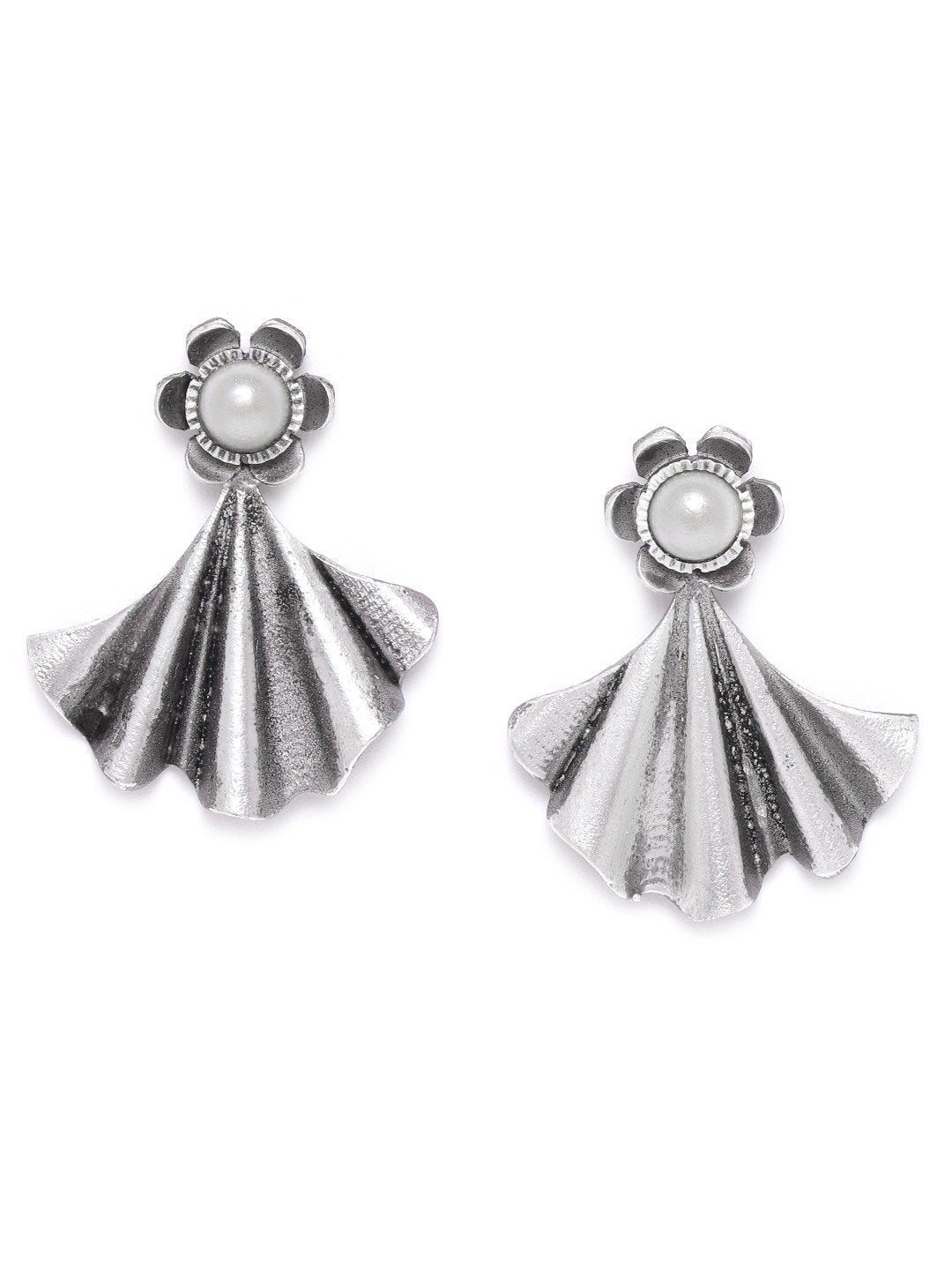 Women's Oxidised Silver-Plated Pearl studded floral inspired Drop earrings